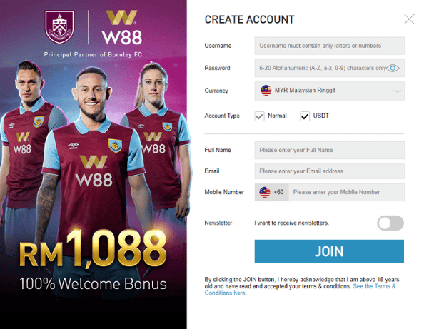 Register an account in W 88